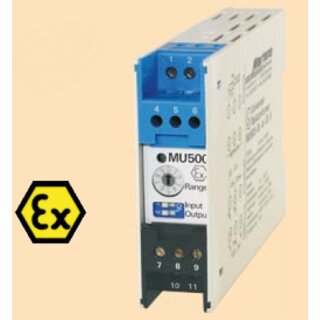 MU500-Ex-ia-53-..., Intrinsically Safe Temperature Transmitter for PT1000 Probe, Electrically Isolated 10-30 VDC / 10-42 VAC
