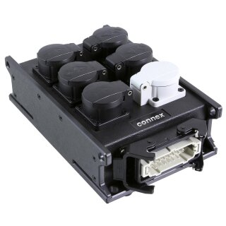 CONNEX Multicore Power Distribution Box, 1 x Harting E 16-pin (1-9) to 6 x Schuko Sockets with Hinged Cover